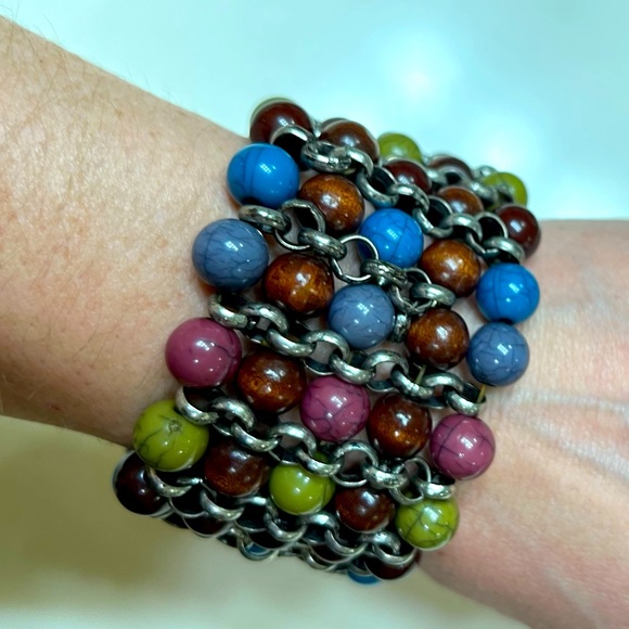BoHo style multi color wooden and metal beaded stretch bracelet - Picture 1 of 4